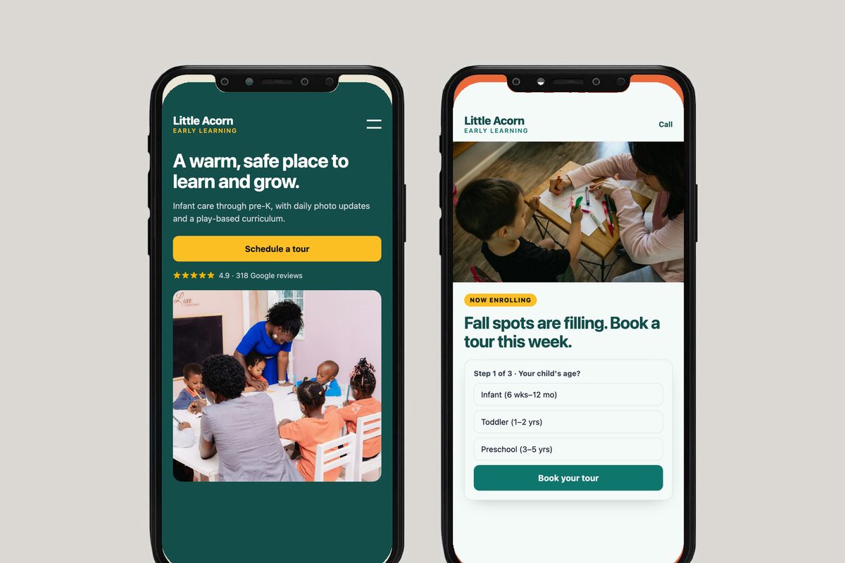Two phones showing two versions of a child care center page
